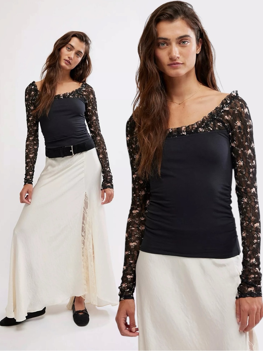 Free People Lace Dainty Ethereal Scoop Neck Josie Long Sleeve Top Black Medium